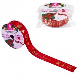 Упаковочная лента новогодняя для декора и подарков 25мм*5м, КРАСНАЯ, с тиснением, ЗОЛОТАЯ СКАЗКА, 592414