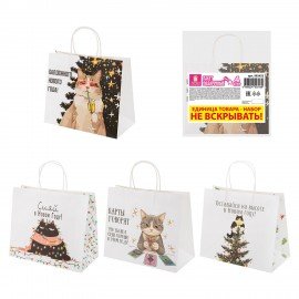 Пакет подарочный НАБОР 4 штуки, новогодний, 28х14х24 см "Котики №2", крафт, ЗОЛОТАЯ СКАЗКА, 592432