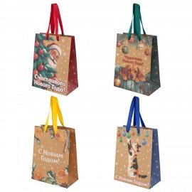 Пакет подарочный НАБОР 4шт новогодний, 18х10х23см, "Зимнее волшебство", крафт, ЗОЛОТАЯ СКАЗКА 592434