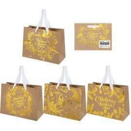 Пакет подарочный (1шт) новогодний, 27х11х20см, "Shiny Kraft", фольга, ассорти, ЗОЛОТАЯ СКАЗКА, 592437