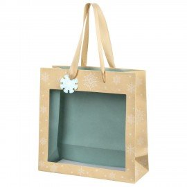 Пакет подарочный (1шт) новогодний, 20х8х20см, "Snowflakes", прозрачное окно, крафт, ЗОЛОТАЯ СКАЗКА, 592444