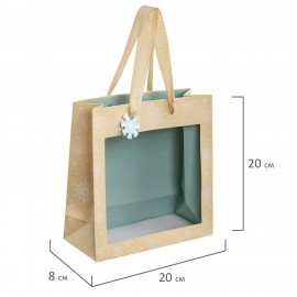 Пакет подарочный (1шт) новогодний, 20х8х20см, "Snowflakes", прозрачное окно, крафт, ЗОЛОТАЯ СКАЗКА, 592444