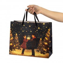 Пакет подарочный (1шт) новогодний, 26х13х32см, "Love story", фольга, ассорти, ЗОЛОТАЯ СКАЗКА, 592445