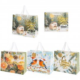 Пакет подарочный (1шт) новогодний 26х13х32см "Акварельная зима" фольга, ассорти, ЗОЛОТАЯ СКАЗКА, 592447