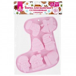 Форма для выпечки новогодняя 23х19см, "Сапожок", силикон, 7 ячеек, рецепт, ЗОЛОТАЯ СКАЗКА, 592470