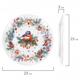 Тарелка сервировочная новогодняя 23 см, "Снегирь", каменная керамика, ЗОЛОТАЯ СКАЗКА, 592549