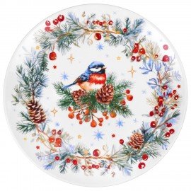 Тарелка сервировочная новогодняя 23 см, "Снегирь", каменная керамика, ЗОЛОТАЯ СКАЗКА, 592549