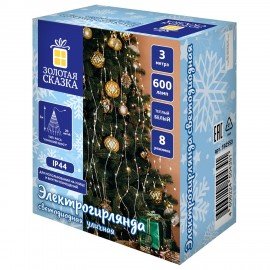 Электрогирлянда-конский хвост уличная, 3м,600LED, тёплый белый, 220V, контроллер, ОЛОТАЯ СКАЗКА, 592553