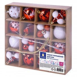 Шары елочные НАБОР 42 предмета "Red and White Shine", пластик, красный/белый, ЗОЛОТАЯ СКАЗКА, 592589