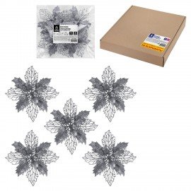 Украшение ёлочное КОМПЛЕКТ 5 шт "Цветок с клипсой", диаметр 15см, ПВХ, серебро, ЗОЛОТАЯ СКАЗКА, 592604