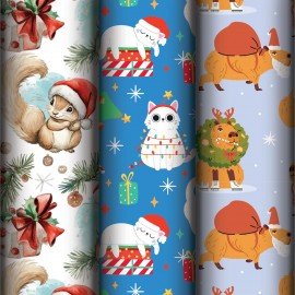 Бумага упаковочная новогодняя НАБОР 3шт, "X-mas animals", 70*100см, 3 дизайна, ЗОЛОТАЯ СКАЗКА, 592610