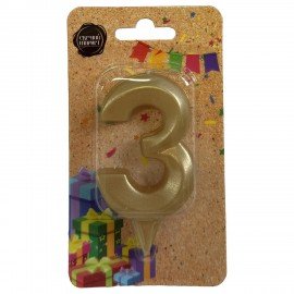 Свеча-цифра для торта "3" форма ГРАНЬ золото, 7 см, на ножке, в блистере, 1701