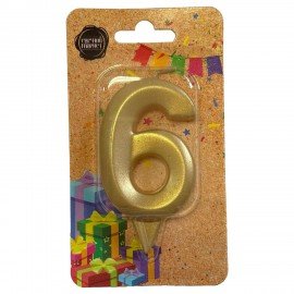 Свеча-цифра для торта "6" форма ГРАНЬ золото, 7 см, на ножке, в блистере, 1704