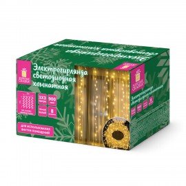 Электрогирлянда-штора комнатная "Хвойная лапа", 900 LED, 3х3м, тёплый белый, ЗОЛОТАЯ СКАЗКА, 592842