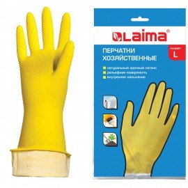 Перчатки МНОГОРАЗОВЫЕ латексные LAIMA "СТАНДАРТ", хлопчатобумажное напыление, ПЛОТНЫЕ, размер L (большой), желтые, вес 44 г, 600270