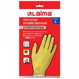 Перчатки МНОГОРАЗОВЫЕ латексные LAIMA "ПРЕМИУМ", хлопчатобумажное напыление, СВЕРХПЛОТНЫЕ, размер L (большой), желтые, вес 65 г, 600272