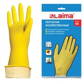 Перчатки МНОГОРАЗОВЫЕ латексные LAIMA "СТАНДАРТ", хлопчатобумажное напыление, ПЛОТНЫЕ, размер М (средний), желтые, вес 40 г, 600353