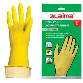 Перчатки МНОГОРАЗОВЫЕ латексные LAIMA "ЛЮКС", хлопчатобумажное напыление, ПЛОТНЫЕ, размер S (малый), желтые, вес 45 г, 600569