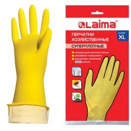 Перчатки МНОГОРАЗОВЫЕ латексные LAIMA "ПРЕМИУМ", х/б напыление, СВЕРХПЛОТНЫЕ, размер XL (очень большой), желтые, вес 70 г, 600781