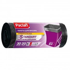 Мешки для мусора 30 л, черные, в рулоне 20 шт., ПНД, 7,3 мкм, 50х60 см, PACLAN "Standard"