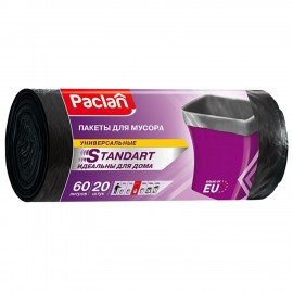 Мешки для мусора 60 л, черные, в рулоне 20 шт., ПНД, 7,4 мкм, 60х72 см, PACLAN "Standard"