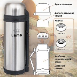 Термос LAIMA классический с узким горлом, 1,8 л, нержавеющая сталь, пластиковая ручка, 601405