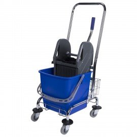 Тележка уборочная BRABIX, 1 съемное ведро 25 л, механический отжим, корзина, металлический каркас, синяя, 601498