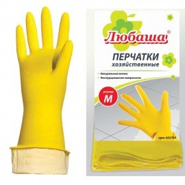 Перчатки МНОГОРАЗОВЫЕ латексные ЛЮБАША "ЭКОНОМ", хлопчатобумажное напыление, размер M (средний), желтые, вес 30 г, 603784