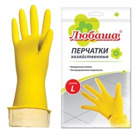 Перчатки МНОГОРАЗОВЫЕ латексные ЛЮБАША "ЭКОНОМ", хлопчатобумажное напыление, размер L (большой), желтые, вес 32 г, 603785
