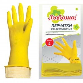 Перчатки МНОГОРАЗОВЫЕ латексные ЛЮБАША "ЭКОНОМ", хлопчатобумажное напыление, размер L (большой), желтые, вес 32 г, 603785