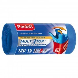 Мешки для мусора 120 л с ушками, синие, в рулоне 15 шт., ПВД, 24 мкм, 70х110 см, PACLAN "Multitop", 402045
