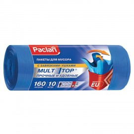 Мешки для мусора 160 л, с ушками, синие, рулон 10 шт., ПВД, 30 мкм, 90х125 см, PACLAN "Multitop", 134442
