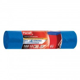 Мешки для мусора 160 л, синие, в рулоне 10 шт., ПВД, 21 мкм, 120х87 см, PACLAN "Big&Strong", 402001