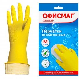 Перчатки МНОГОРАЗОВЫЕ латексные ОФИСМАГ, хлопчатобумажное напыление, размер М (средний), желтые, вес 40 г, 604198
