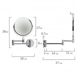 Зеркало настенное BRABIX, диаметр 17 см, двухстороннее, с увеличением, нержавеющая сталь, выдвижное (петли), 604952