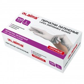 Перчатки латексные белые, 50 пар (100 шт.), опудренные, прочные, размер L (большой), LAIMA, 605022