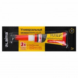 Клей моментальный (суперклей) LAIMA, 3 г, УЛЬТРАПРОЧНЫЙ, отрывная мультикарта, 605567