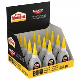 Клей моментальный Супер МОМЕНТ, 20 г, МАКСИМАЛЬНЫЙ ОБЪЕМ, в шоу-боксе, 1309631