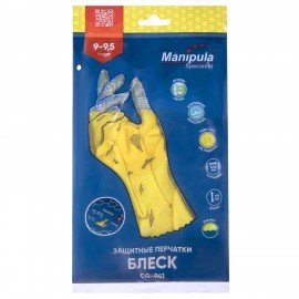 Перчатки латексные MANIPULA "Блеск", хлопчатобумажное напыление, размер 9-9,5 (L), желтые, L-F-01