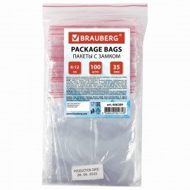 Пакеты с замком ZIP LOCK "зиплок", комплект 100 шт., 80х120 мм, ПВД, толщина 35 микрон, BRAUBERG, 606209