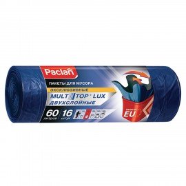 Мешки для мусора 60 л, с ушками, синие, рулон 16 шт., ПВД, 30 мкм, 60х75 см, PACLAN "Multitop Lux", 134474