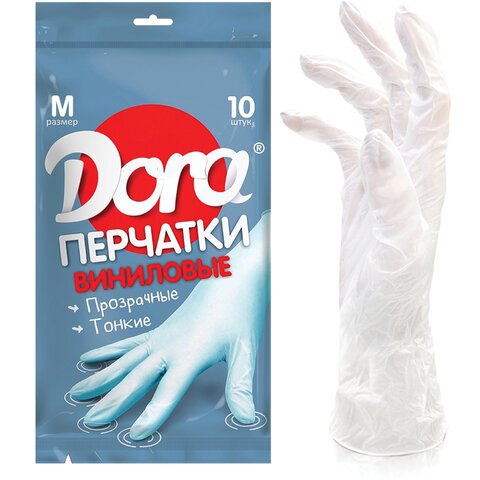 Перчатки виниловые КОМПЛЕКТ 5 пар (10 шт.), размер М (средний), белые, DORA, 2004-002