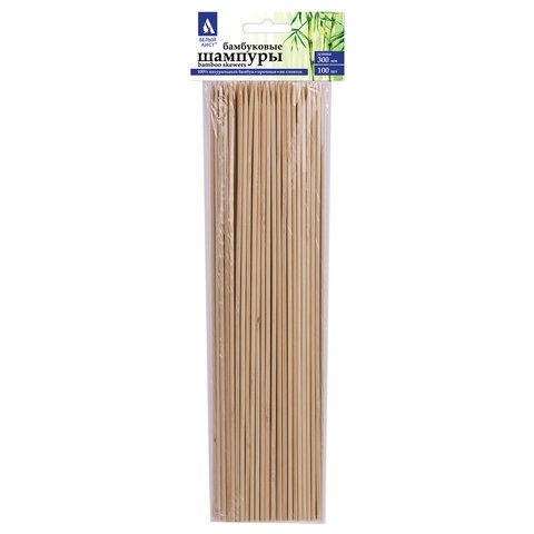 Шпажки-шампуры для шашлыка бамбуковые 300 мм, 100 штук, БЕЛЫЙ АИСТ, 607571, 67