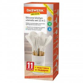 Набор силиконовых кухонных принадлежностей с деревянными ручками 12 в 1, молочный, DASWERK, 608193