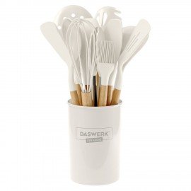 Набор силиконовых кухонных принадлежностей с деревянными ручками 12 в 1, молочный, DASWERK, 608193