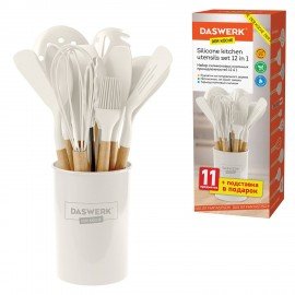 Набор силиконовых кухонных принадлежностей с деревянными ручками 12 в 1, молочный, DASWERK, 608193