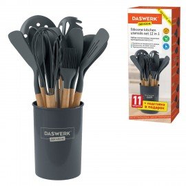 Набор силиконовых кухонных принадлежностей с деревянными ручками 12 в 1, серый, DASWERK, 608194