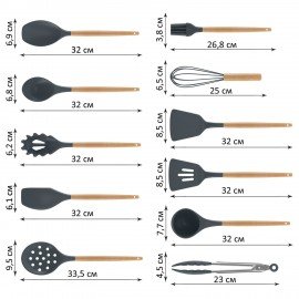 Набор силиконовых кухонных принадлежностей с деревянными ручками 12 в 1, серый, DASWERK, 608194