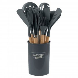 Набор силиконовых кухонных принадлежностей с деревянными ручками 12 в 1, серый, DASWERK, 608194