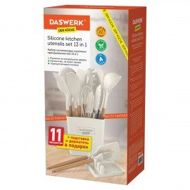 Набор силиконовых кухонных принадлежностей с деревянными ручками 13 в 1, молочный, DASWERK, 608196